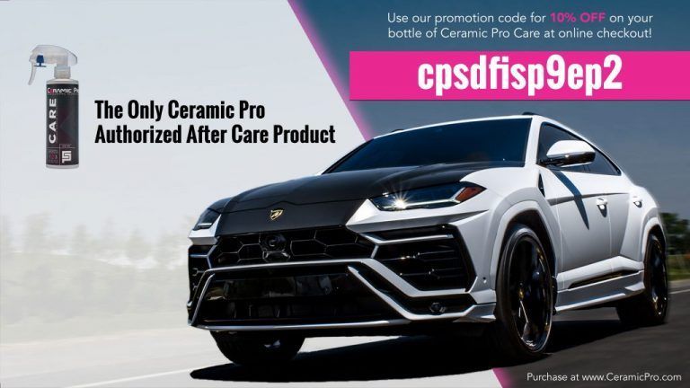 A white Lamborghini SUV with a black hood, promoting Ceramic Pro Care with a discount code.