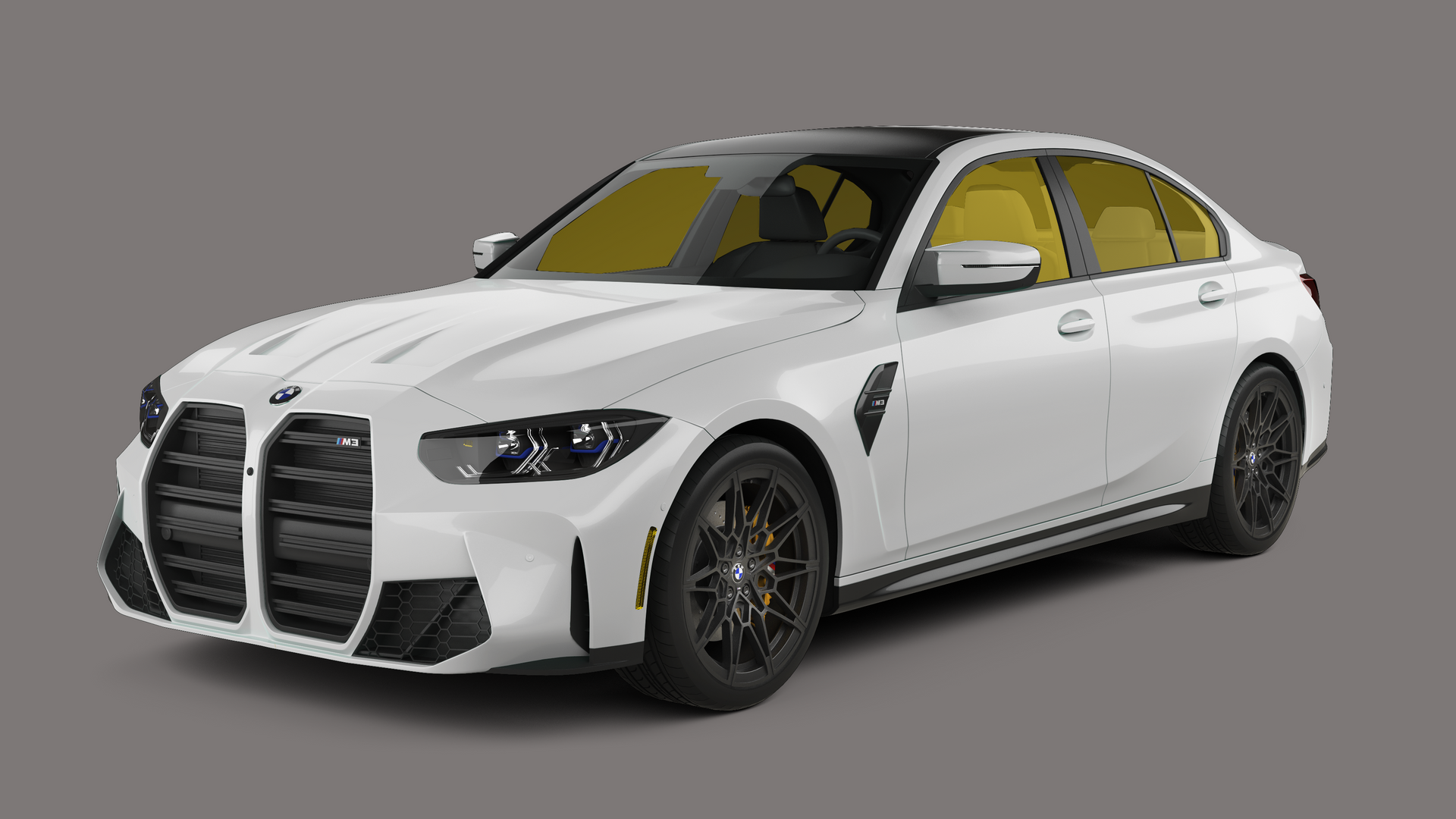 White BMW M3 sedan, black accents, dark wheels, against a gray backdrop.