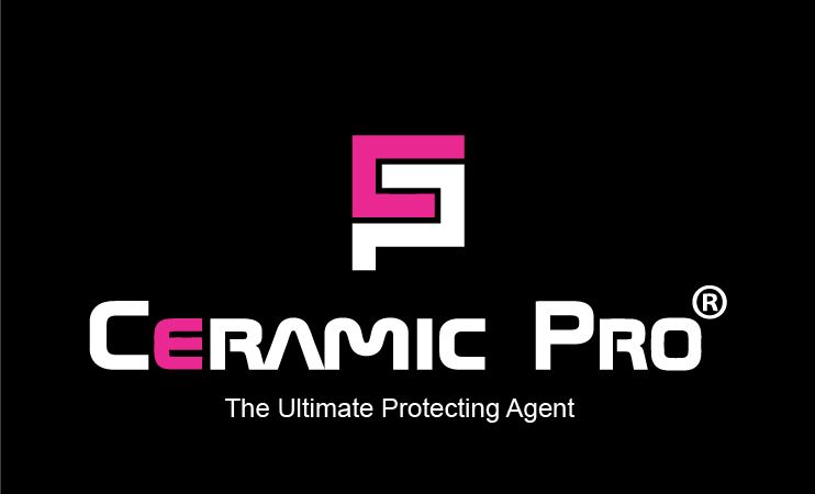 Ceramic Pro logo on black background with pink and white text, a stylized 