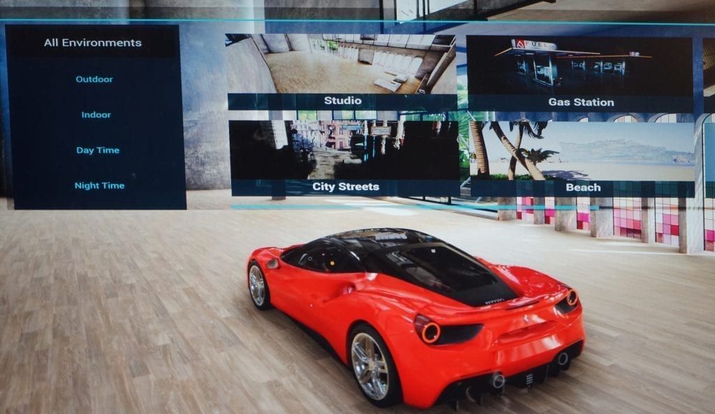Red sports car in a video game menu, featuring racing options, with various location previews displayed.