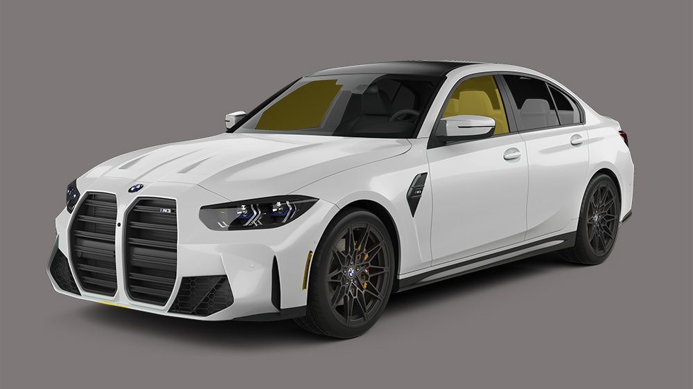White BMW M3 sedan with black accents on a gray background.
