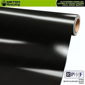 Black vinyl wrap roll with a glossy pearl finish, Metro Restyling product.