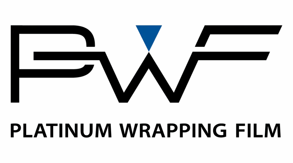 Logo of Platinum Wrapping Film; black letters PWF, blue upside-down triangle above W, and text: Platinum Wrapping Film.
