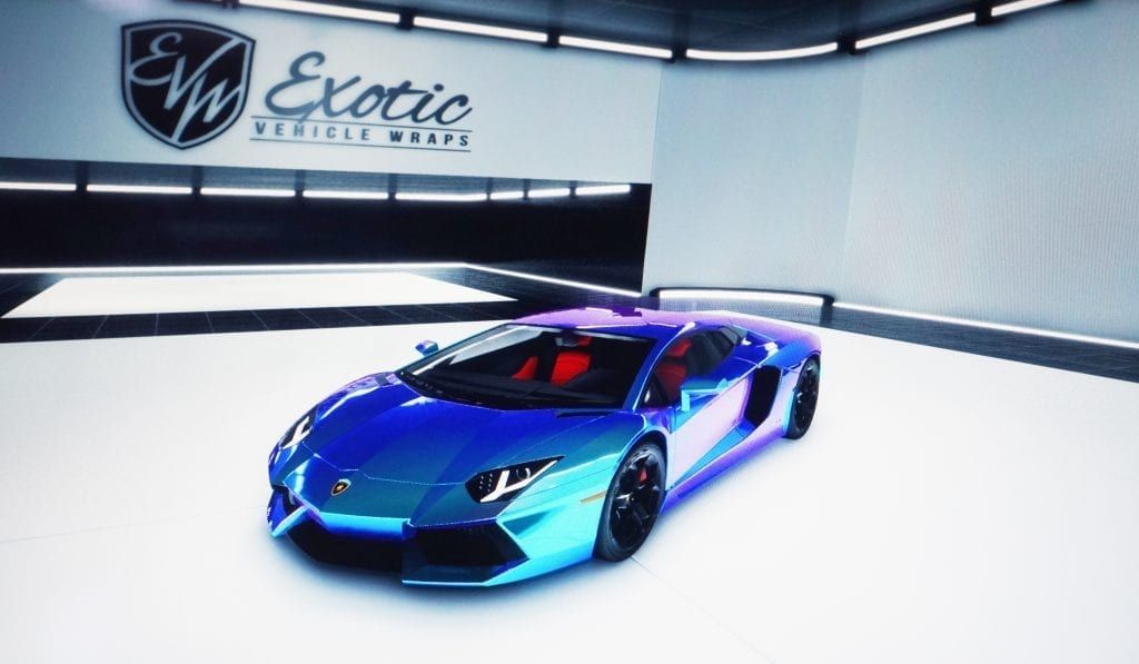 Blue Lamborghini Aventador in a showroom with 