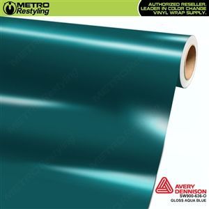 Roll of Avery Dennison gloss Aqua Blue vinyl wrap. Metro Restyling logo in upper left.