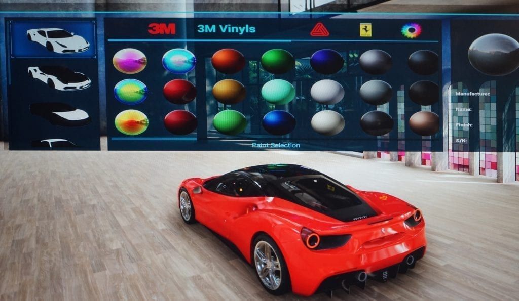 Car customization screen displaying a red sports car. Color options range from bright to muted tones.