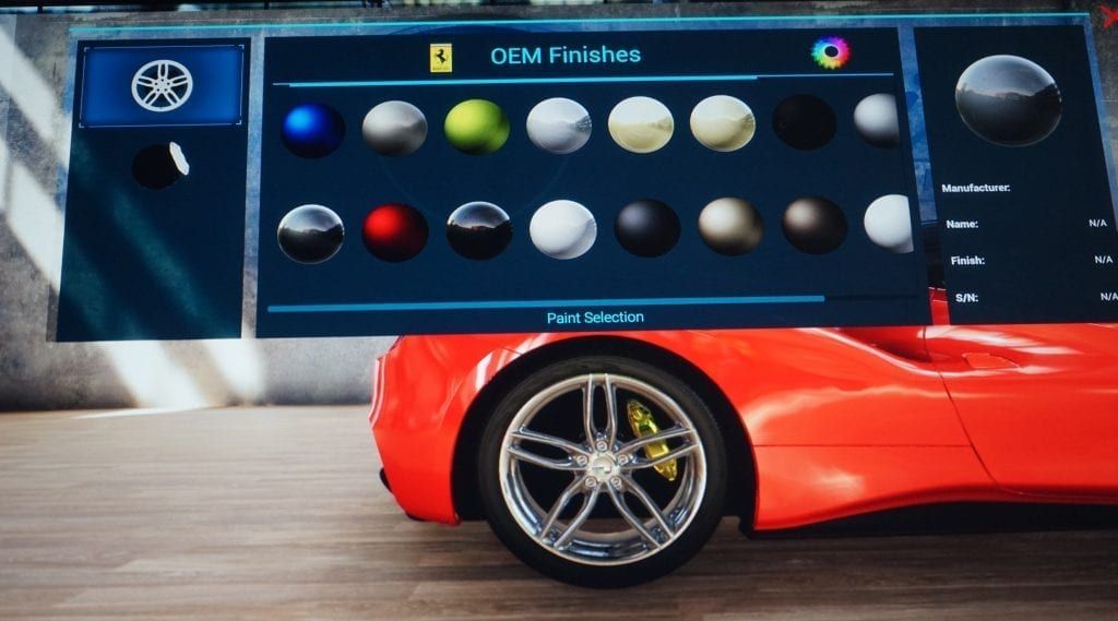 Car customizing interface showing wheel color options. A red sports car is in view.