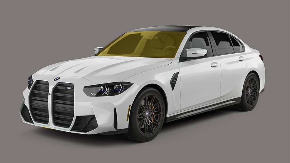 White BMW M3 sedan, black accents, dark wheels, against a gray backdrop.