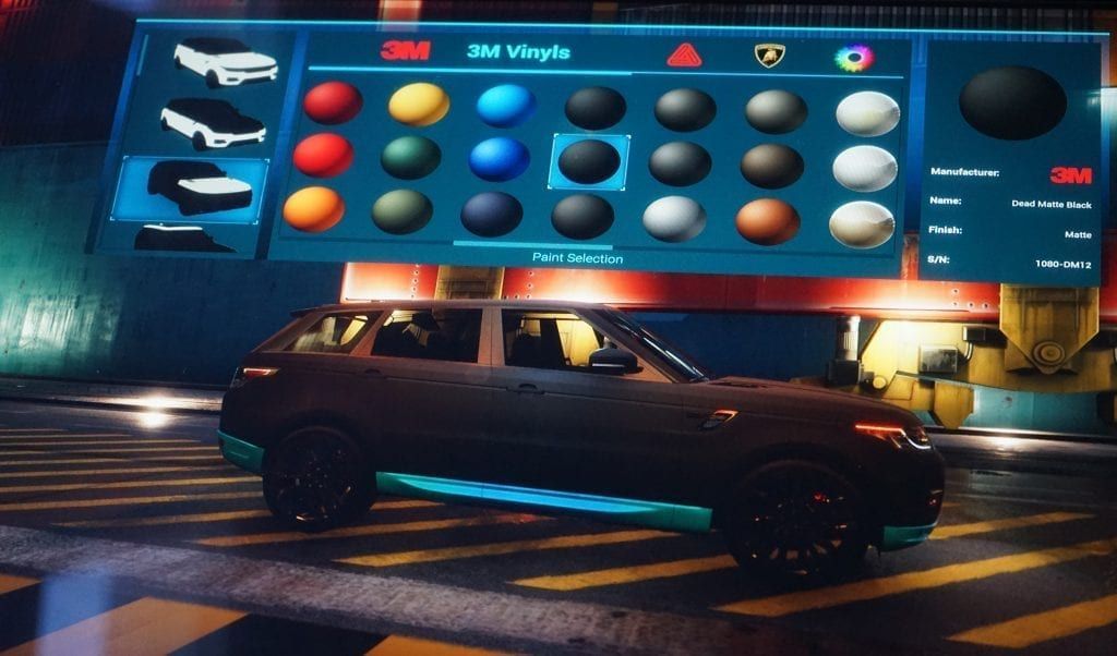 A car customization screen. A dark SUV is being modified with vinyl colors, displaying options on a digital interface.