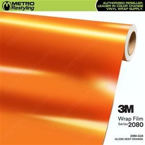 Roll of glossy deep orange 3M 2080 vinyl wrap film. Metro Restyling branding in corner.
