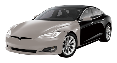 Tesla Model S, two-tone with black rear and light brown front.