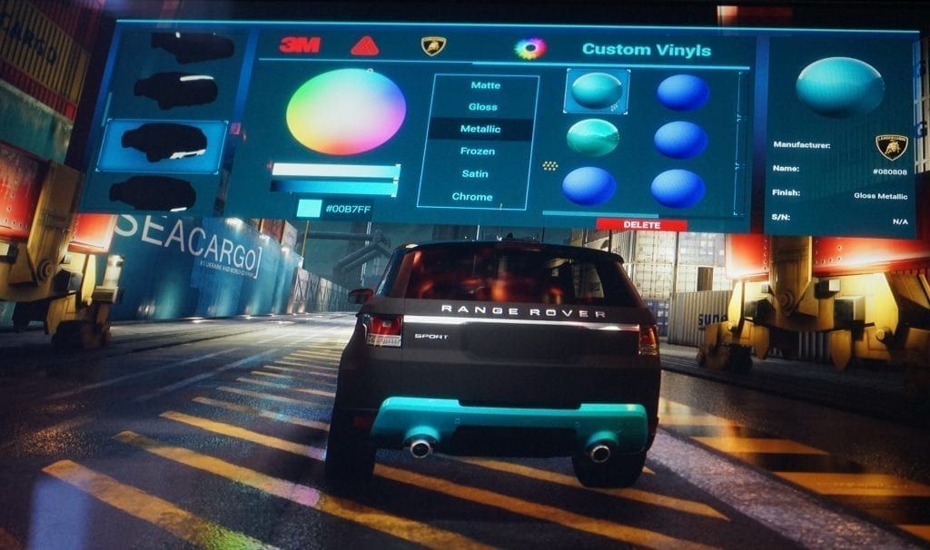 A Range Rover in a video game with a custom vinyl interface; showing paint options.