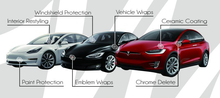 Three cars with various customization options labeled, including interior restyling and ceramic coating.