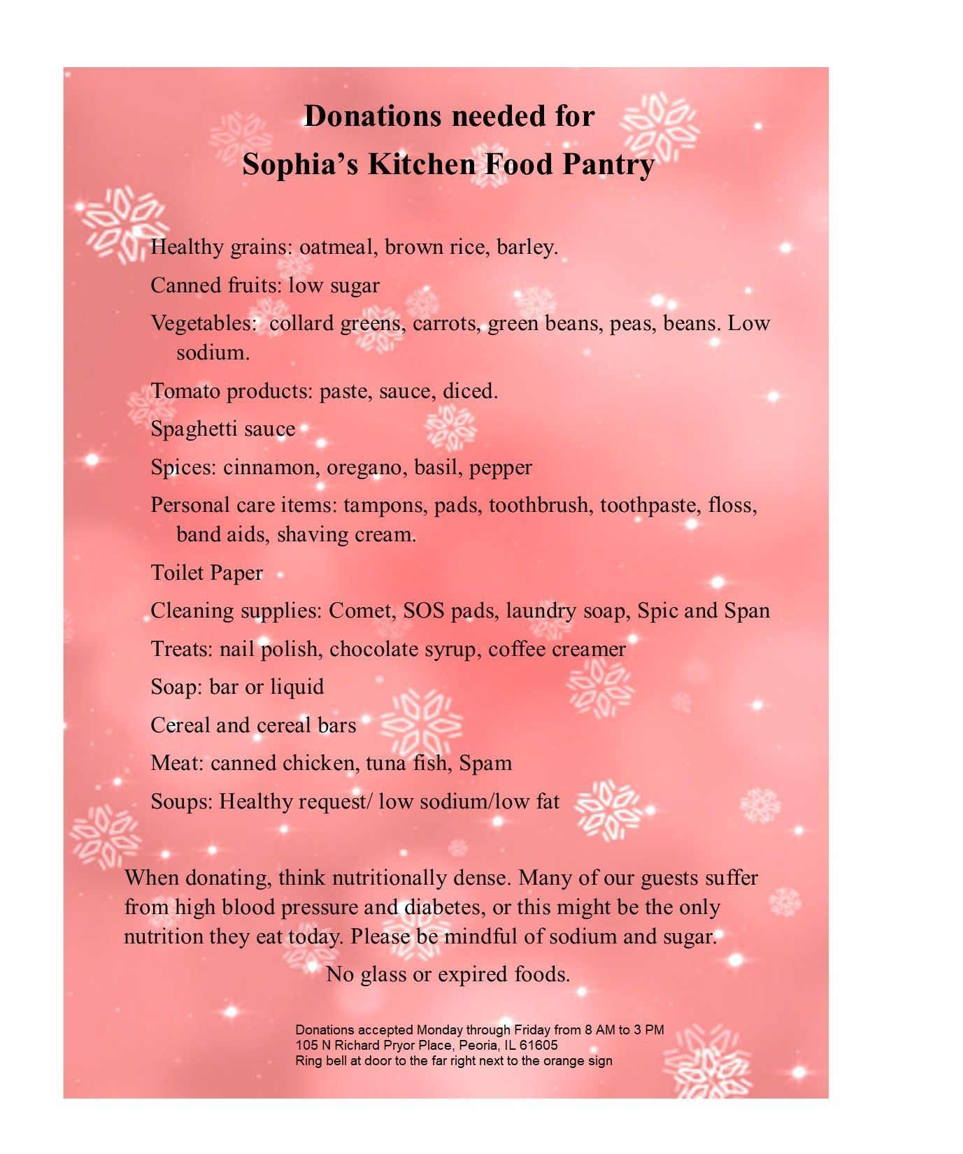 Sophia's Kitchen - food pantry needs list