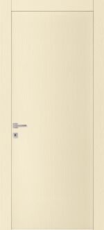 una porta bianca con maniglia su sfondo bianco.