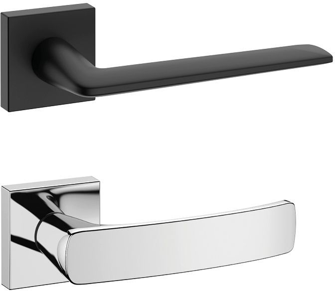 una maniglia nera e cromata su sfondo bianco.