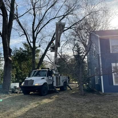 Tree trimming truck with extended lift next to a blue house on a sunny day.
