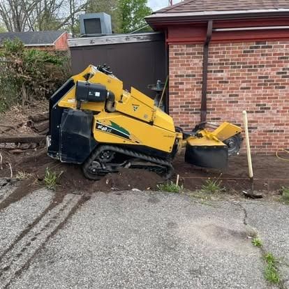 Yellow stump grinder on tracks, next to a brick building, grinding a tree stump on the ground.