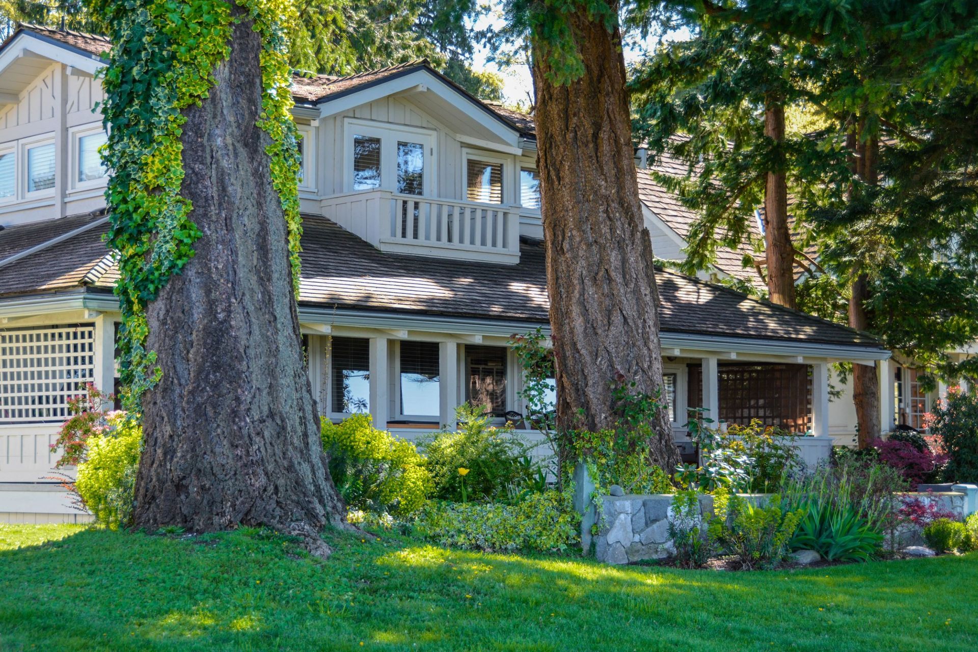Two-story beige house with large trees in front, sunny day.