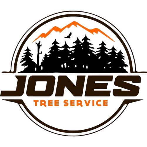 Jones Tree Service logo: Brown and orange mountain and forest scene within a circle, with text 