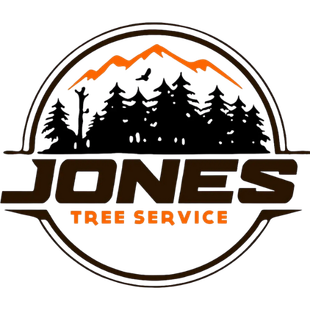 Jones Tree Service logo: Brown and orange mountain and forest scene within a circle, with text 