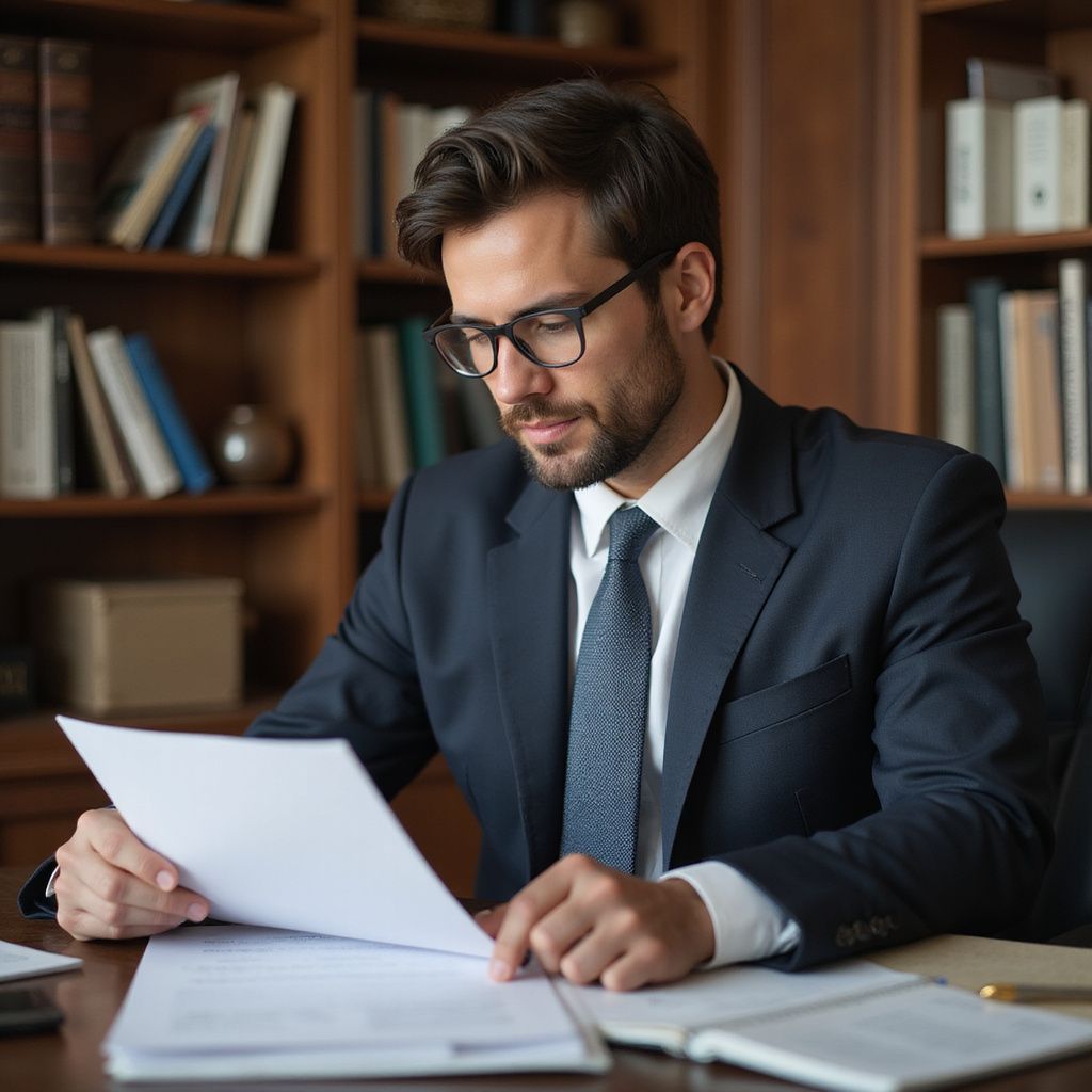 Man in suit and glasses, reviewing documents in a library setting.