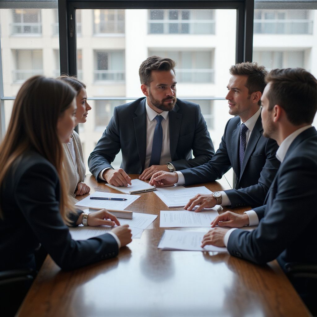Businesspeople in suits around a table, reviewing documents, discussing a plan.