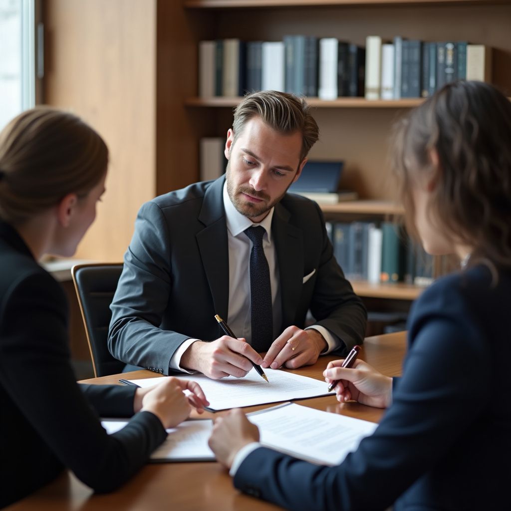 Three people in suits review documents at a table in a library setting.