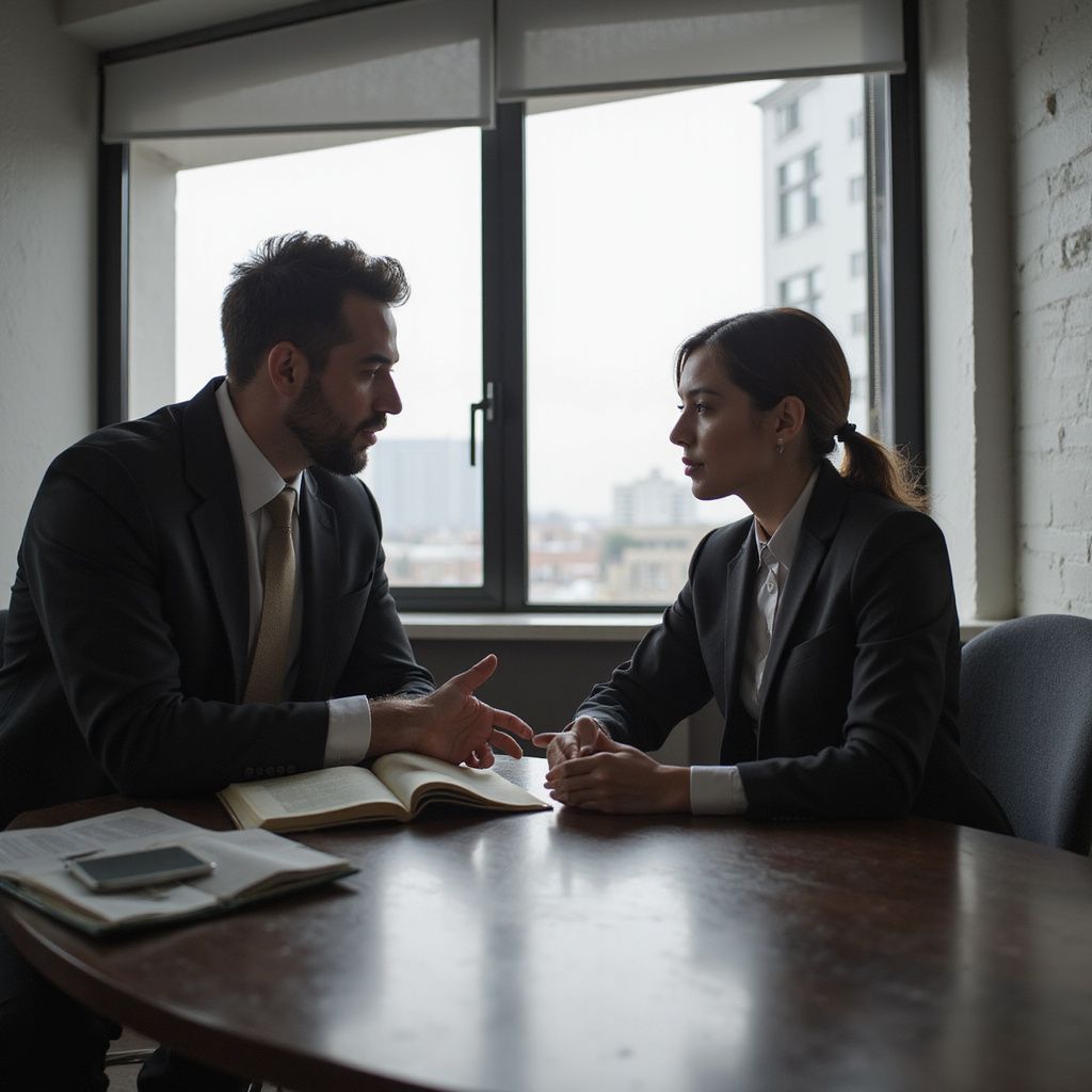 A man and woman in suits conversing at a table in an office, with a window in the background.