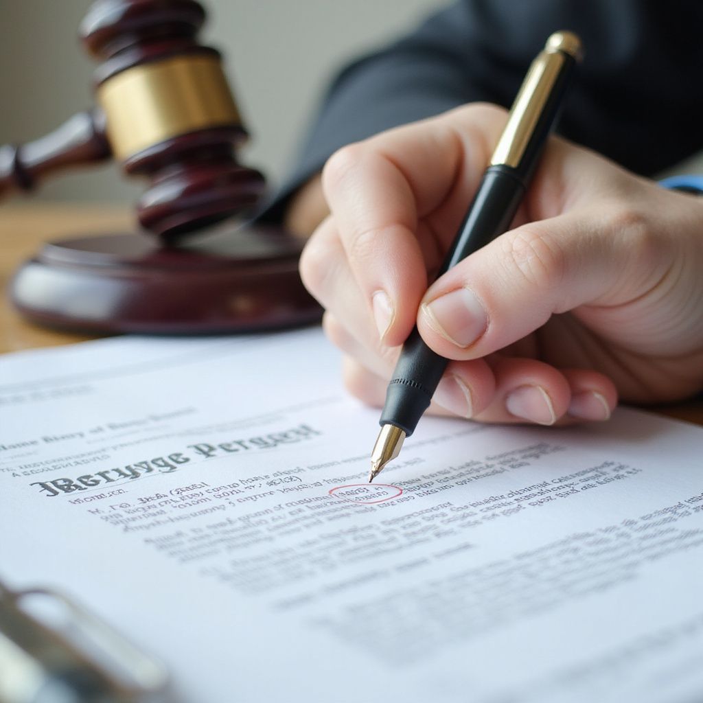 Person signing a legal document at a desk with a gavel, symbolizing a legal or financial agreement.