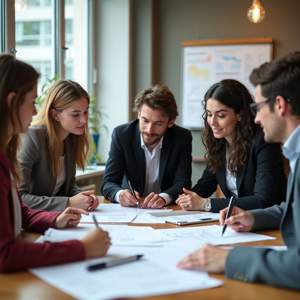 A group of business professionals in suits around a table, reviewing documents, and writing.
