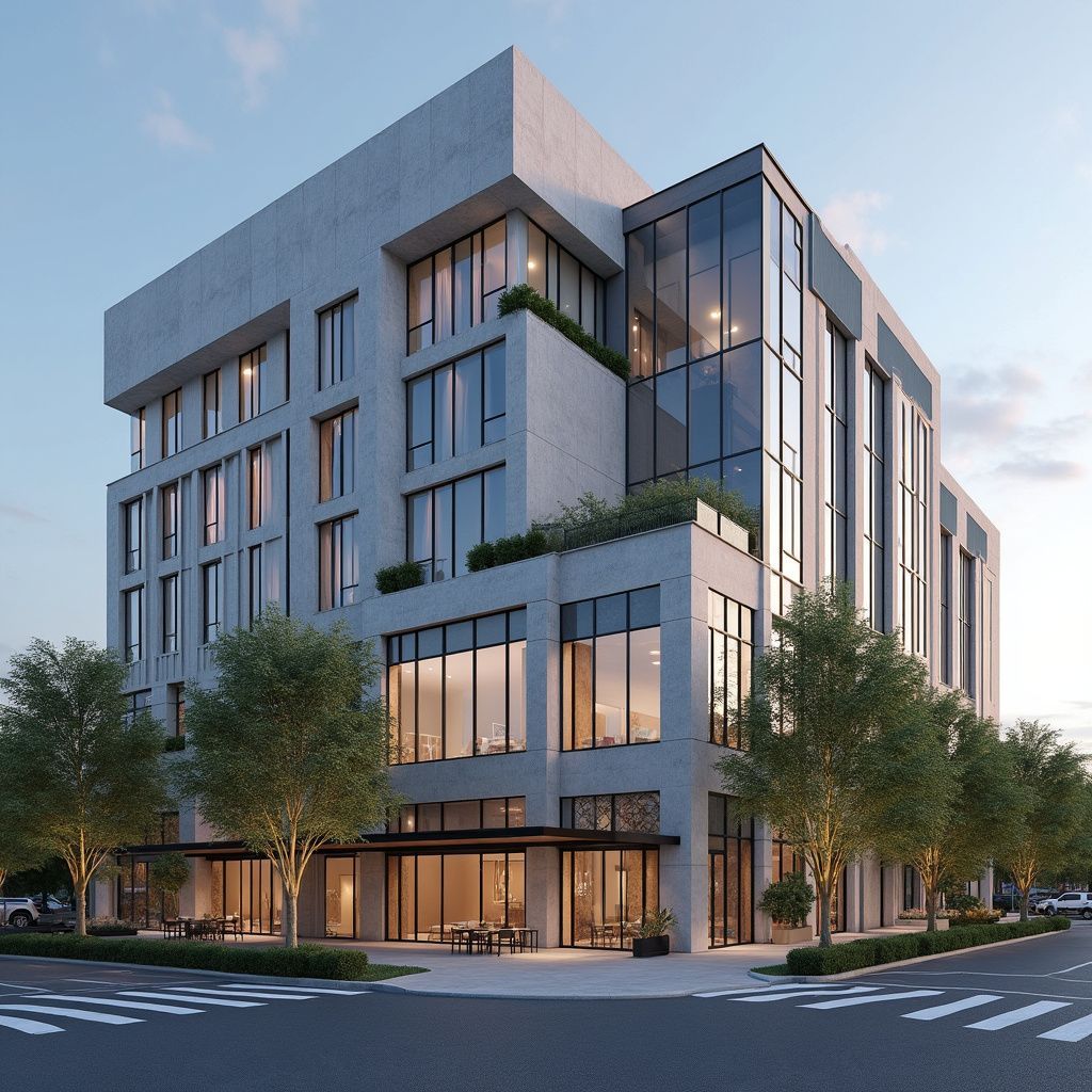 Modern gray building with large windows and a green rooftop. Street-level entrance and trees.
