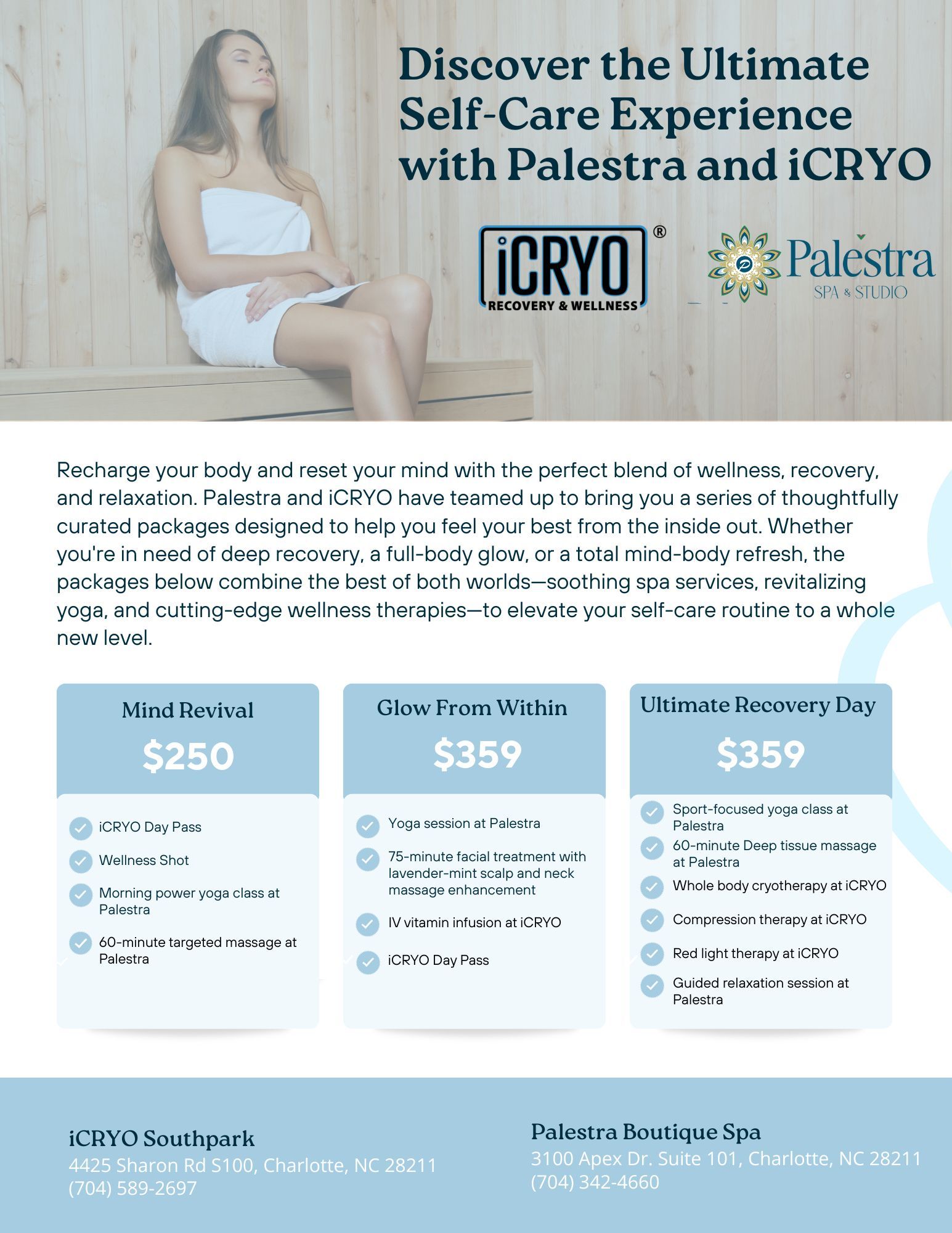 Advertisement for self-care packages with iCRYO and Palestra. Includes a woman in a spa setting and package details with prices.
