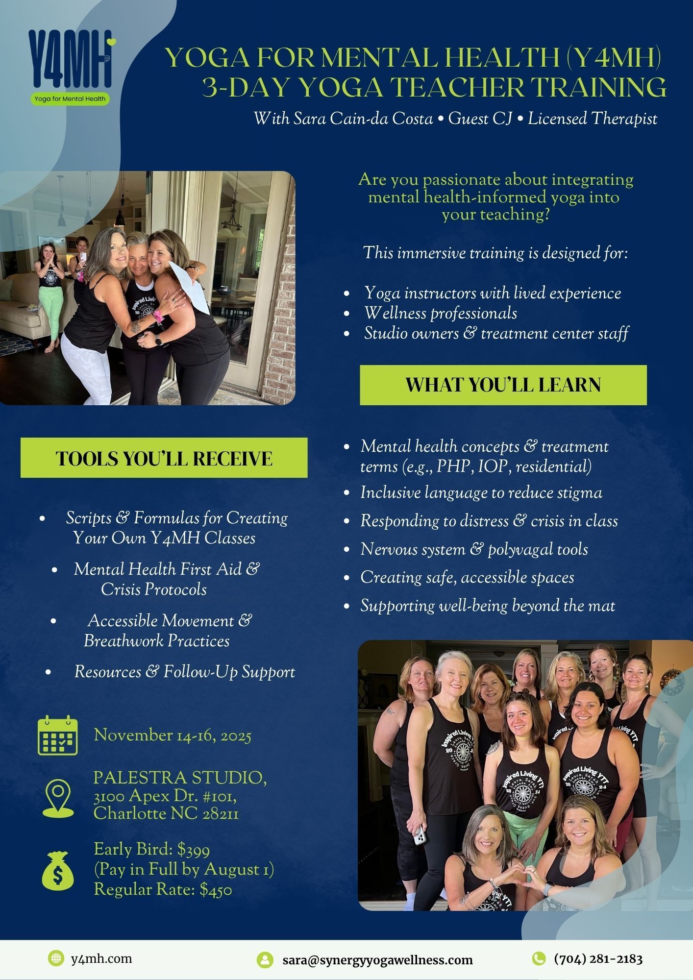 Yoga teacher training flyer with text on a dark blue background. People in a studio, a group photo of women.