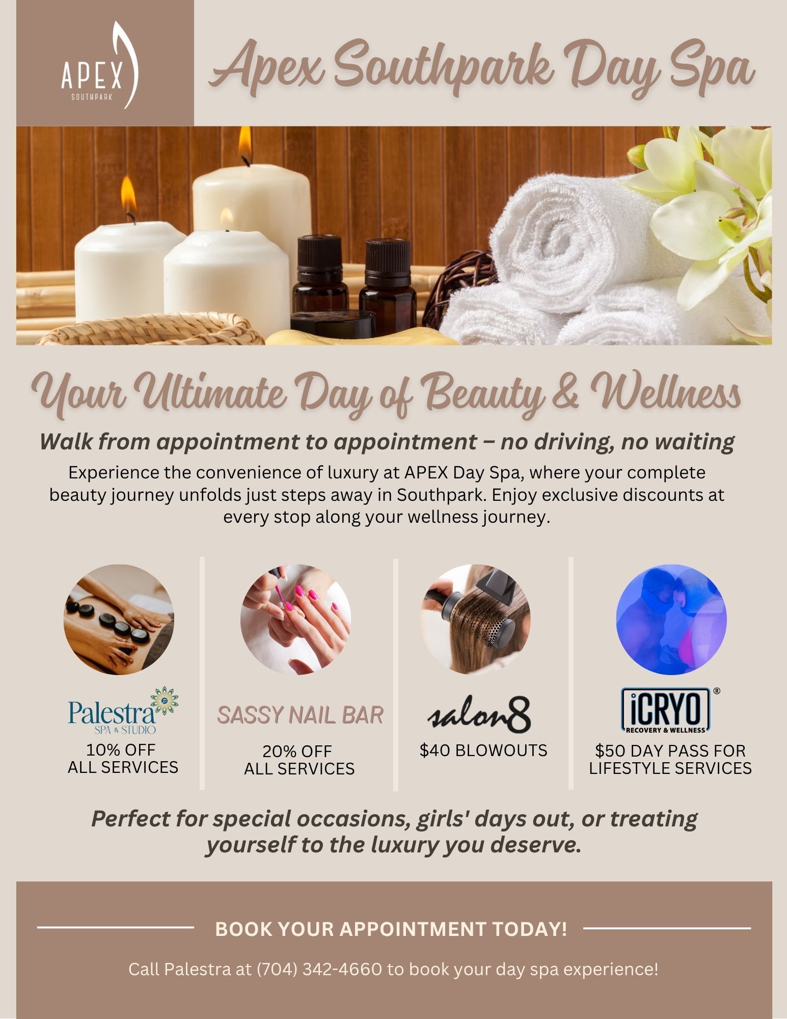 Advertisement for Apex Southpark Day Spa: candles, towels, and essential oils. Offers beauty and wellness services.