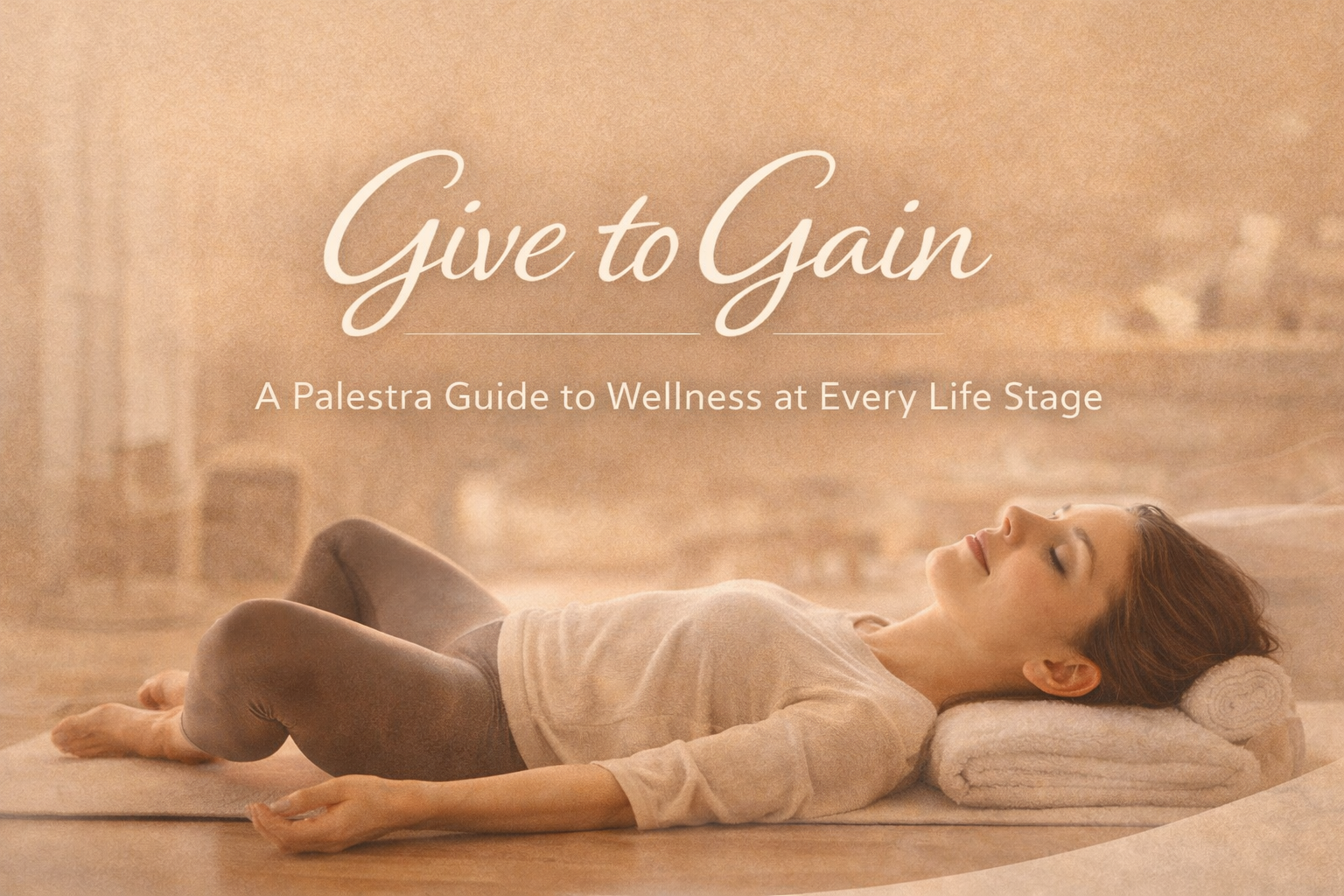 Woman resting in a restorative yoga pose on a mat, eyes closed, with the text