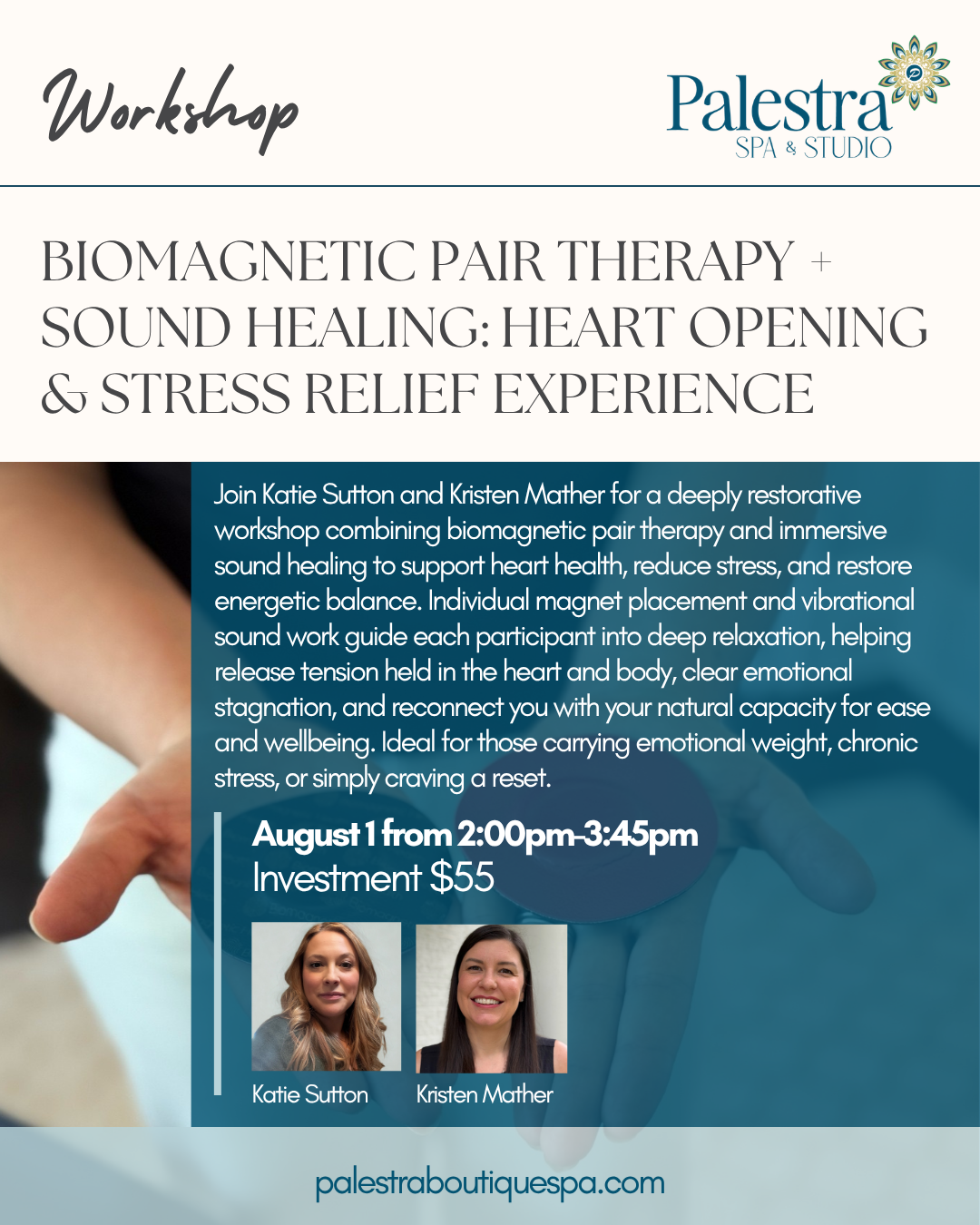 Palestra workshop flyer: 'Biomagnetic Pair Therapy + Sound Healing: Heart Opening & Stress Relief Experience