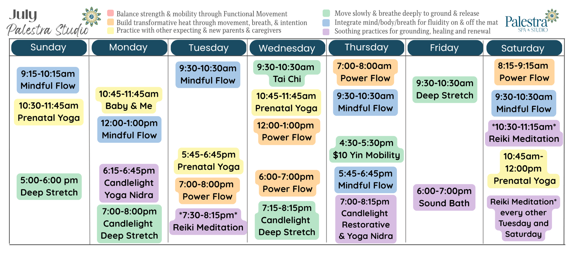 Palestra Spa & Studio yoga class schedule for May