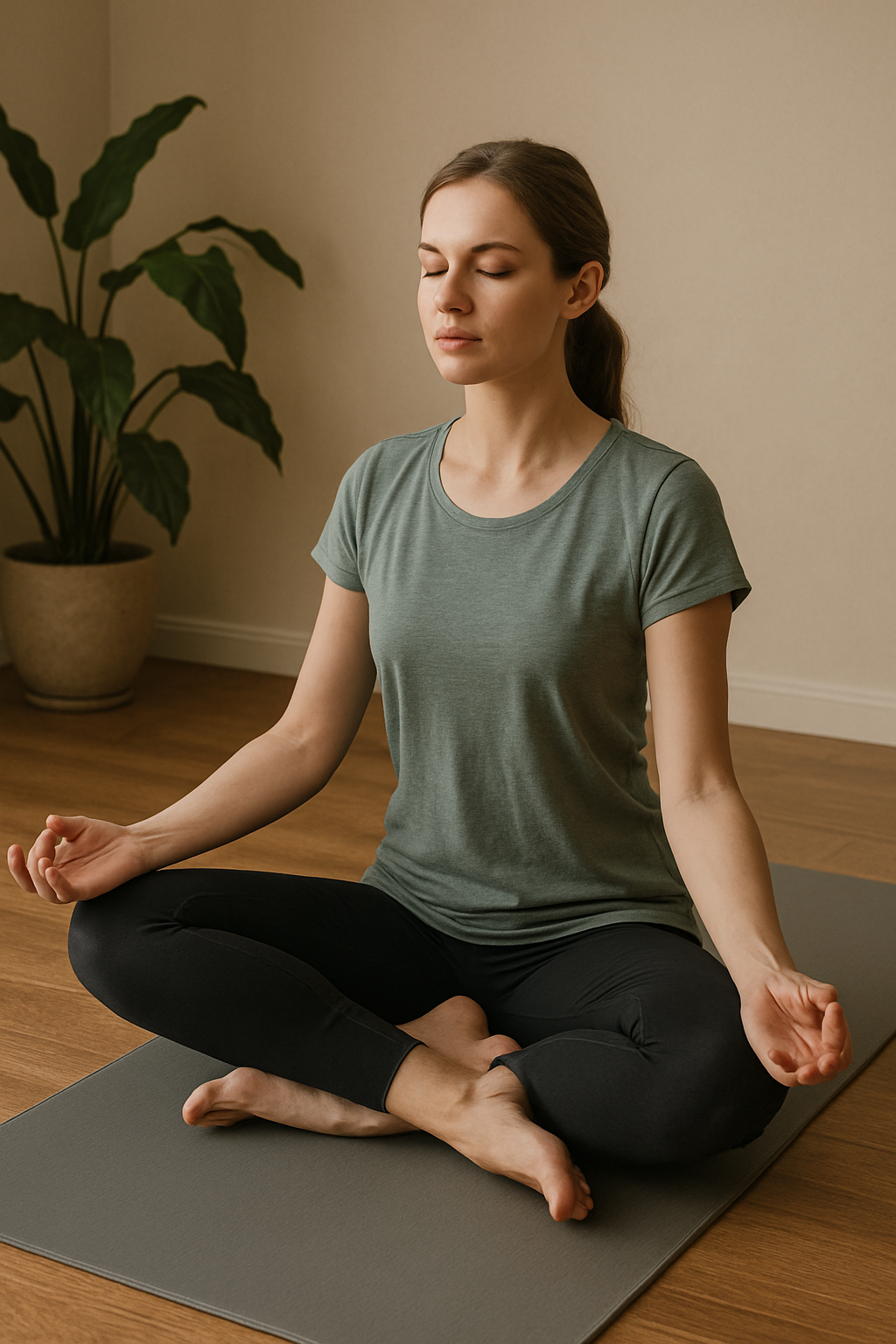 Woman meditating in seated lotus pose practicing mindful breathing for stress relief