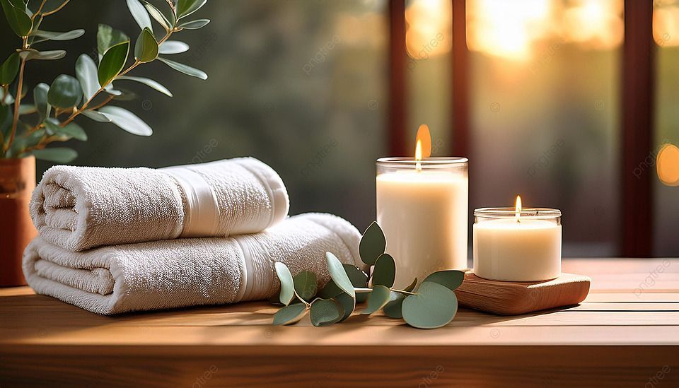 Spa setting with rolled towels, eucalyptus, and candlelight at Palestra Spa & Studio in Charlotte.