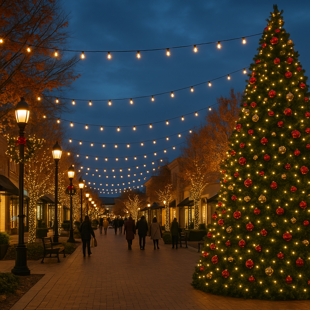 Christmas tree and string lights illuminating SouthPark Charlotte shopping district at dusk
