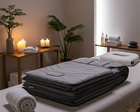 Spa treatment room with heated massage table, folded blankets, and candlelight Palestra Charlotte. 