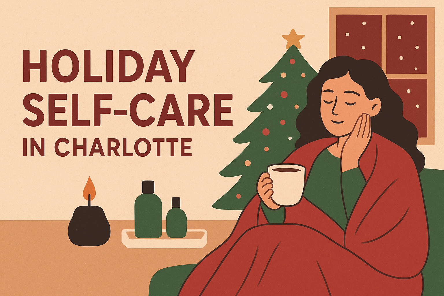 llustration of a woman relaxing with a warm drink beside a Christmas tree and candle
