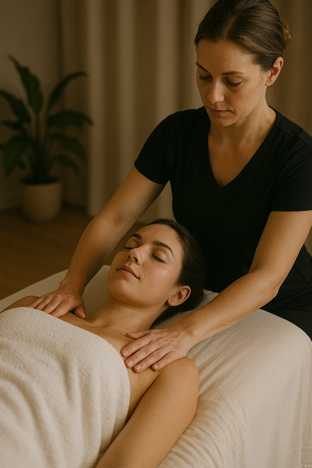 Professional massage therapist treating client's neck and shoulders in serene Palestra spa setting