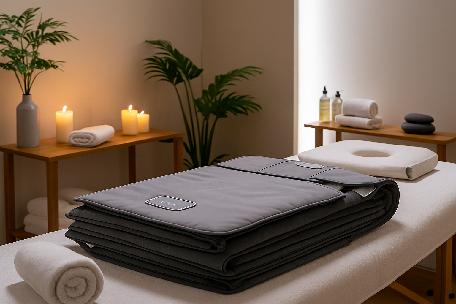 Spa treatment room with heated massage table, folded blankets, and candlelight Palestra Charlotte.