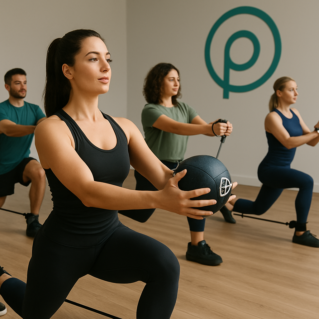 Group Pvolve class in lunge position holding medicine balls beneath Pvolve logo