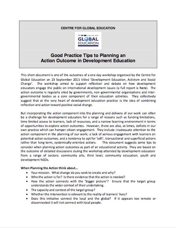 a document titled good practice tips to planning an action outcome in development education