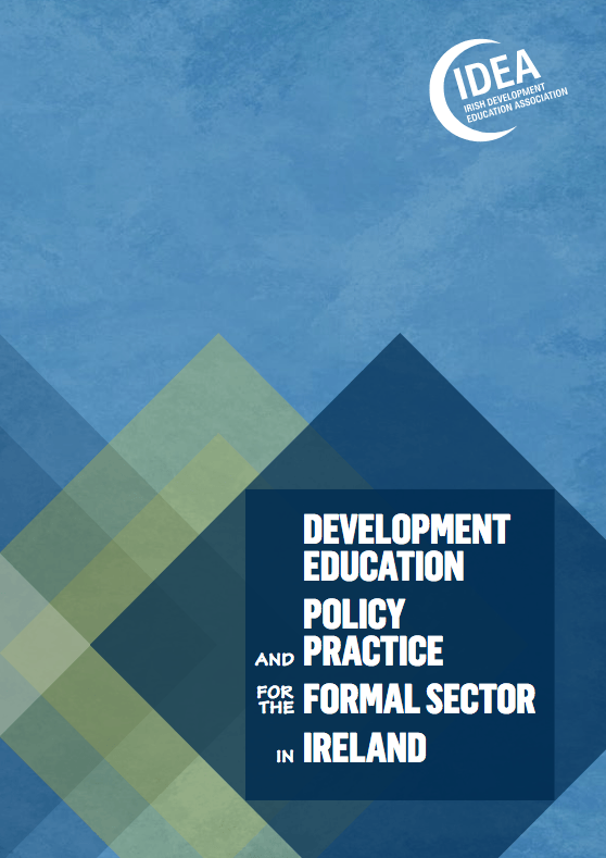 a blue and green poster that says development education policy practice and for the formal sector in ireland