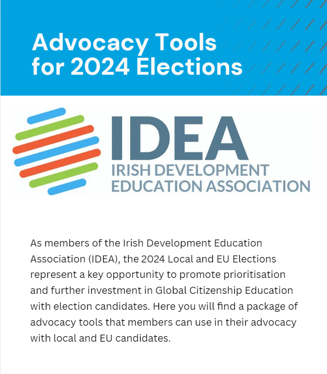 a blue and green poster that says development education policy practice and for the formal sector in ireland