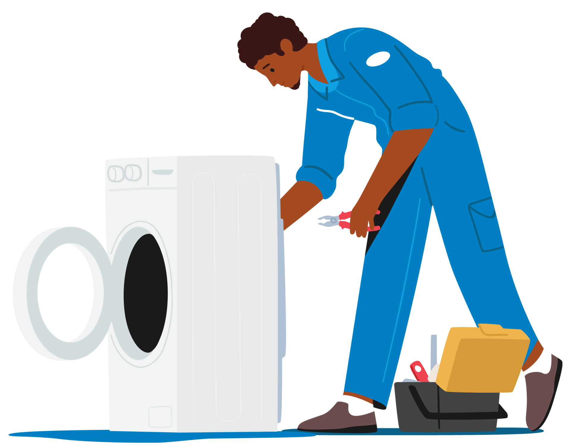Plumber, Husband for an Hour Repair Service Landing Page Template. Male Character in Uniform Fixing Broken Washing Machine at Home. Call Master Work with Damaged Technics. Cartoon Vector Illustration